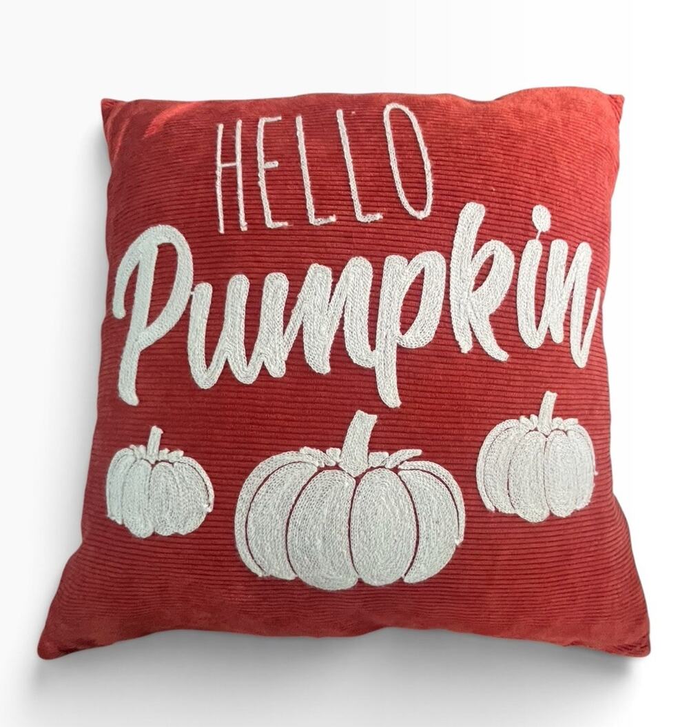Rae Dunn Fall Pillow Felt Applique Hello Pumpkin Orange Corduroy 18” x 18” Decor